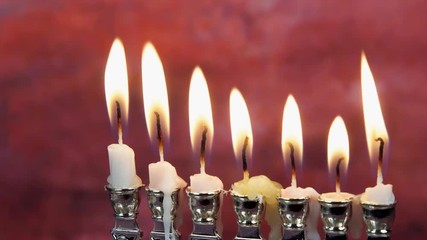 Canvas Print - Jewish holiday Hanukkah creative background with menorah. View from above with focus on menorah.
