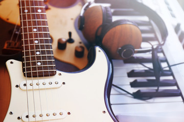 Canvas Print - Electric guitars and synthesizer closeup