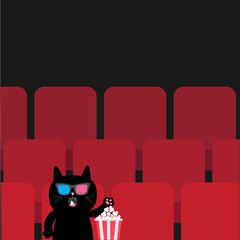 Poster - Cat in 3D glasses sitting in movie theater eating popcorn.  Cute cartoon character. Film show Cinema background. Viewer watching movie. Red seats hall. Dark background. Flat design