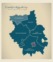 Modern Map - Cambridgeshire With Peterborough Districts Detailed UK