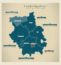 Modern Map - Cambridgeshire With Peterborough Labels UK