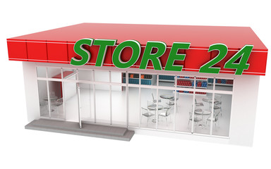 3d illustration of a 24-hour store with cafe