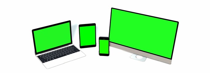 Wall Mural - realistic Monitor laptop tablet and phone set with green screen