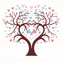The Wedding Tree In The Shape Of A Heart With Two Birds And Colorful Hearts In A Leaf