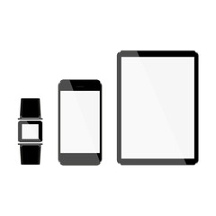 Wall Mural - set of tablet and phone hours with light displays on a white background