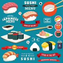 Vintage Sushi Poster Design With Vector Sushi. Chinese Word Means Sushi, Green Tea.