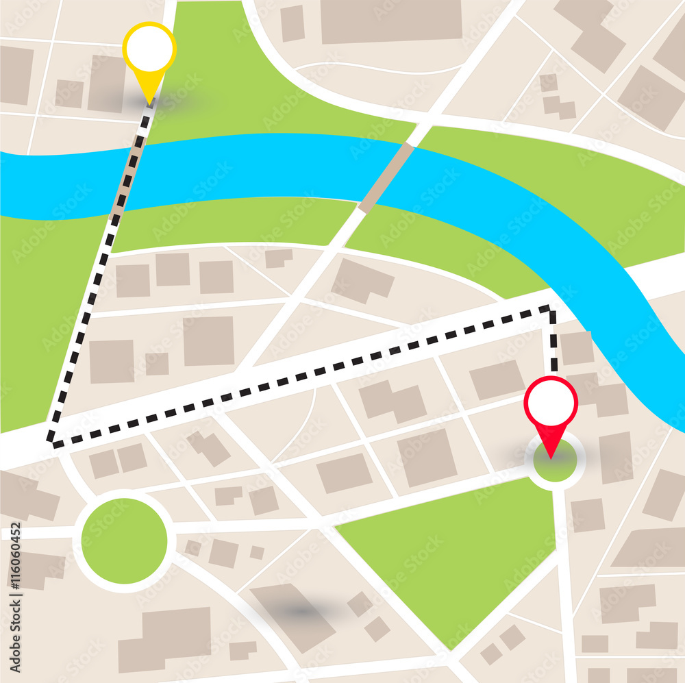 City map vector- path between two points Stock Vector | Adobe Stock
