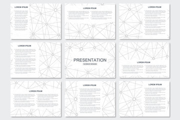 Set of modern business presentation templates in A4 size. Connection structure. Abstract background with molecule DNA and neurons