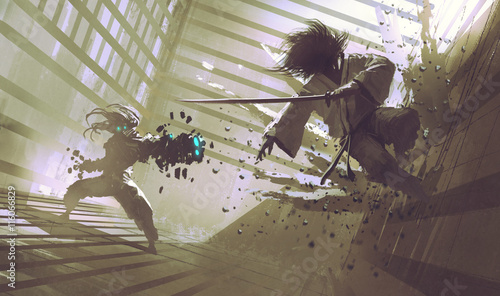 Plakat walka między samurajem a robotem w dojo; scena akcji science fiction, ilustracja, malarstwo cyfrowe