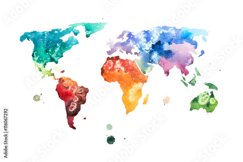 Hand drawn watercolor world map aquarelle illustration.