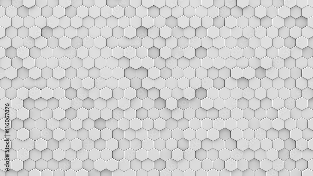 White hexagons mosaic 3D render - obrazy, fototapety, plakaty 