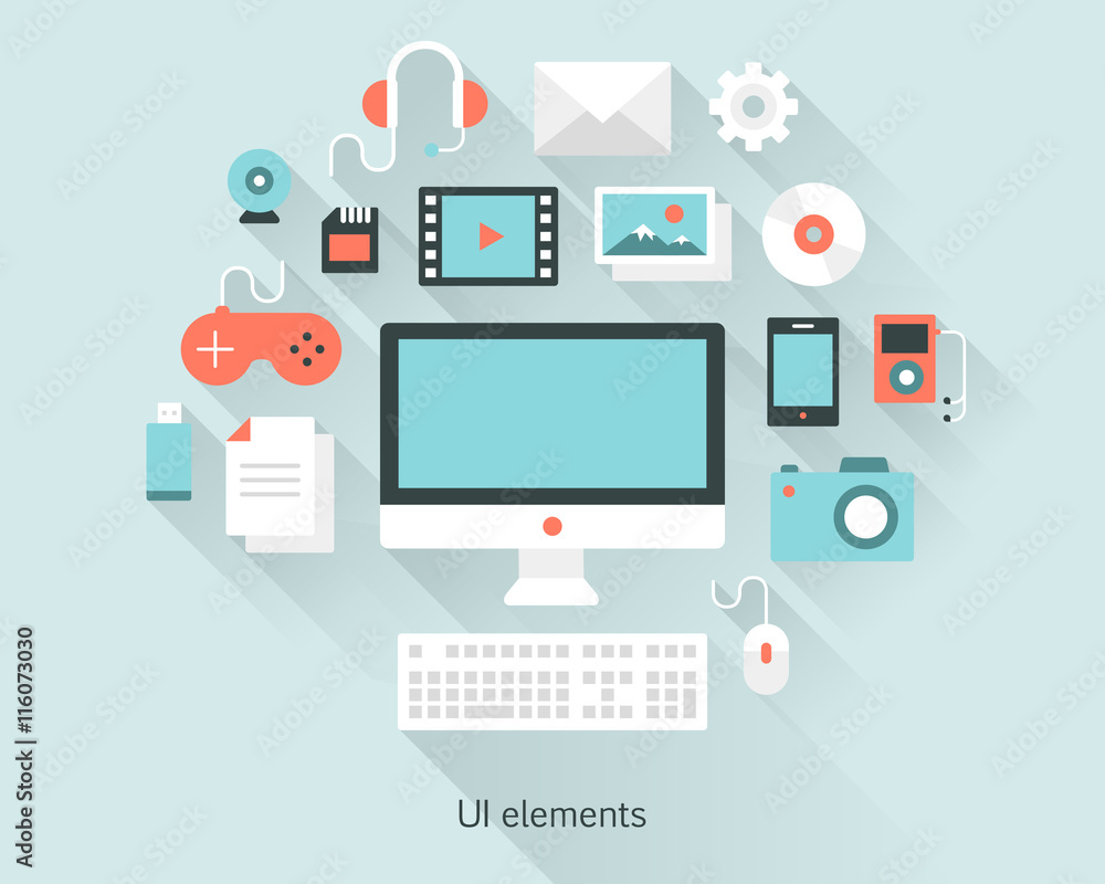 Content concept monitor with keyboard, documents and devices in flat design style.  Infographics and multimedia icons. Vector illustration. - obrazy, fototapety, plakaty 