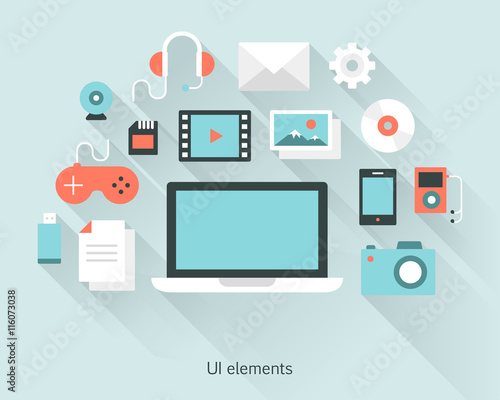 Fotomural Content concept a laptop with documents and devices in flat design style