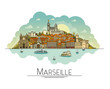 Vector line art Marseille, France, travel landmarks and architecture icon. The most popular tourist destinations, city streets, cathedrals, buildings, symbols in one illustration
