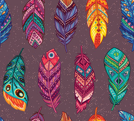 Wall Mural - Vector seamless pattern with colored abstract feathers in boho style