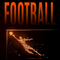 Poster - Polygonal footballer in jumping to the ball. Abstract line and point goalkeeper in motion on the black background. Football vector illustration