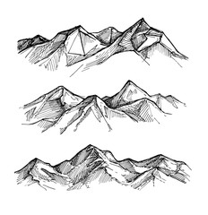 Hand drawn vector illustration - mountains. Sketch style. Outdoor landscape. Perfect for bottles of water, resort, spa