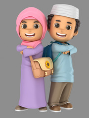 Wall Mural - 3d illustraion of cute muslim little boy and girl confident and proud wearing bags