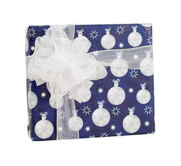 Wall Mural - Blue paper wrap white christmas baubles balls gift box silk ribbon bow isolated