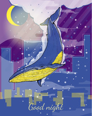 Wall Mural - Whale flies through the night sky blue whale dives