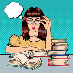 Wall Mural - Pretty Female Student Reading Books in Library. Pop Art. Vector illustration