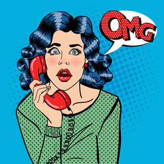 Wall Mural - Shocked Young Woman Talking on the Phone. Pop Art. Vector illustration