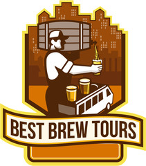 Sticker - Bartender Pouring Beer Keg Cityscape Crest Retro