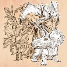 Dino. DINOSAURS Triceratops And Pterodactylus In The Bush. Life In The Prehistoric Time. Line Drawing. An Hand Drawn Vector Illustration. Colored Background Is Isolated. Technique, Line Art.