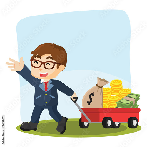 Fotografía businessman pulling cart with lot of money