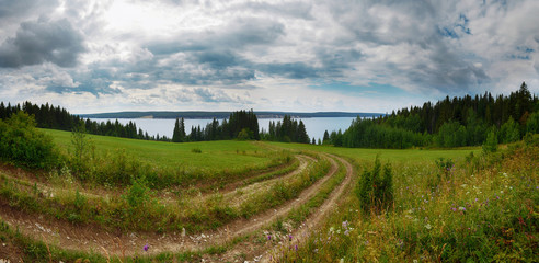 Wall Mural - view of green meadow with a dirt road leading down the slope tow