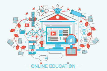 Poster - Modern Flat thin Line design distance online education and e-learning concept for web banner website, presentation, flyer and poster.