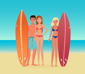 Wall Mural - Young cartoon surf group of people. Guy man and girl woman with a surfboard on the sea ocean beach.