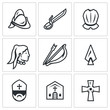 Vector Set of Spanish Conquistador Icons. Helmet, Saber, Armor, Native American, Bow, Arrow, Spear, Bishop, Church, Cross.