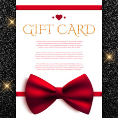 Wall Mural - Gift card with red bow on shiny glitter background. Vector illustration