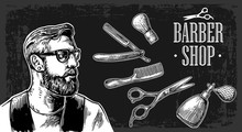 Hipster Shave Haircut In The BarberShop. Vector Black And White Illustrations And Typography Elements.