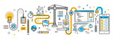 Fototapeta  - Flat line vector design illustration concept plan of mobile application development process, app design, programming, coding, building and debugging for website banner and landing page, infographics
