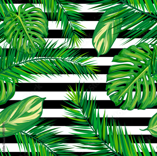 Tapeta ścienna na wymiar Beautiful seamless tropical jungle floral pattern background with palm leaves. Vector illustration.