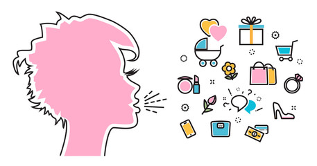 Wall Mural - flat line illustration of woman shouts and talk about their favorite interests, wanted, dream, idea,