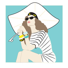 Illustration Of A Woman With White Umbrella In Black Glasses Beret In A Sailor In The Blue Spring-summer Vector Background