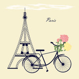 Fototapeta Boho - Eiffel Tower bicycle flowers roses bud abstract illustration inscription Paris bright vector background