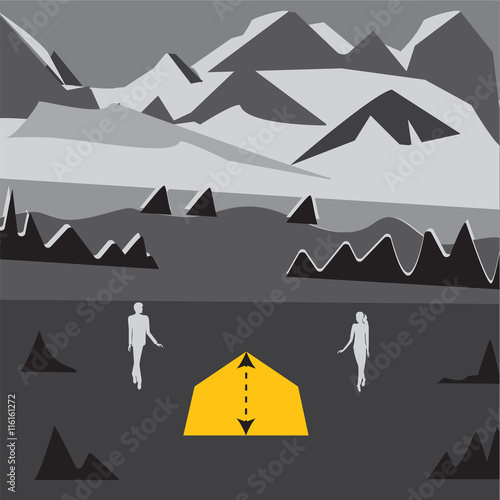Mountain Snow Tent Trees Silhouette Of Men And Women Stylized Abstract Art Illustration Gray White Background Vector Travel Tourism Buy This Stock Vector And Explore Similar Vectors At Adobe Stock