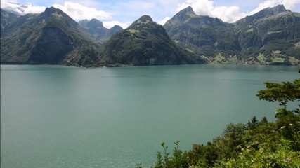 Wall Mural - Wide mountain panorama. Cloudy sky over lake. In the foreground the wind shakes the trees, flowers and high grass. Switzerland, Europe.