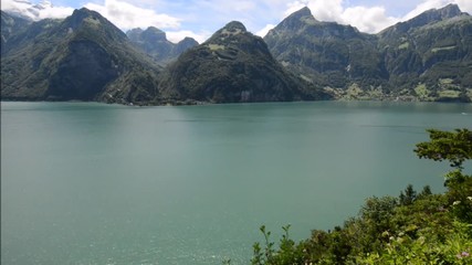 Wall Mural - Wide mountain panorama. Cloudy sky over lake. In the foreground the wind shakes the trees, flowers and high grass. Switzerland, Europe.