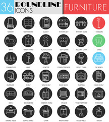 Vector furniture interior circle white black icon set. Modern line black icon design for web.