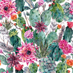 Cactus watercolor seamless pattern in boho style. 