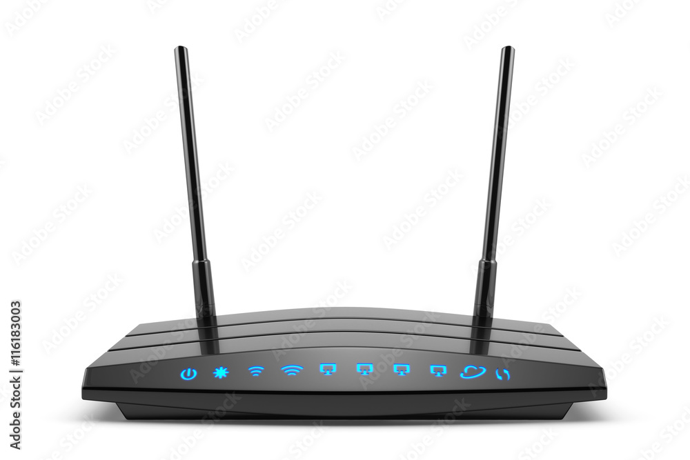 Wireless wi-fi black router with two antennas and blue indicator - obrazy, fototapety, plakaty 