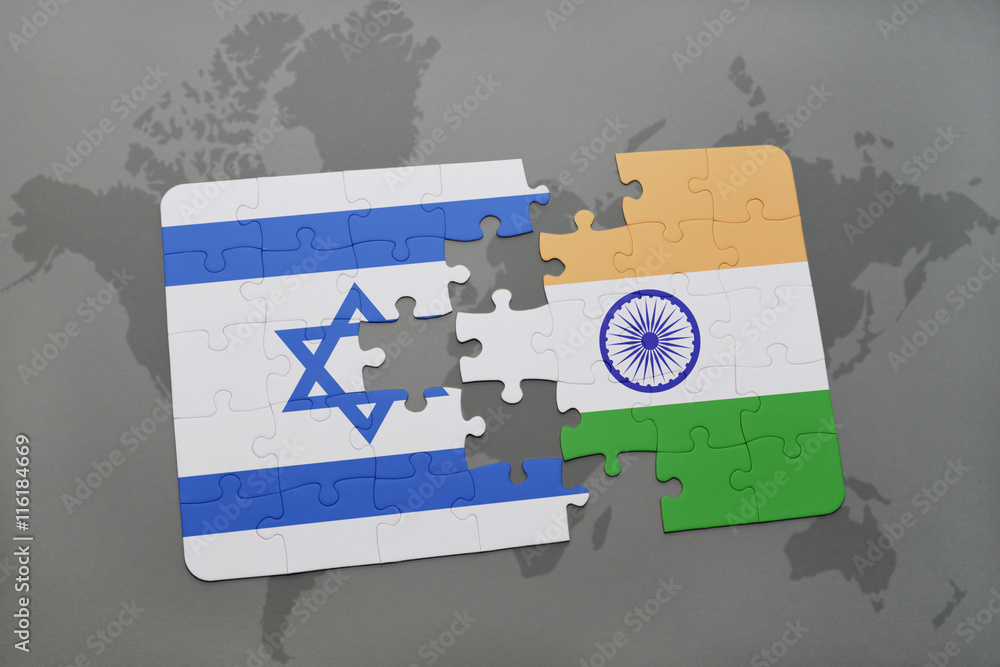 puzzle with the national flag of israel and india on a world map ...
