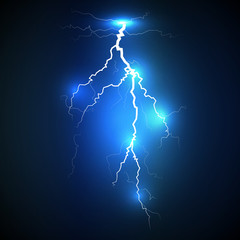 Wall Mural - realistic white lightning strike surrounded with shining blue lights on blue background. can be used