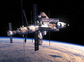 Wall Mural - space shuttle and space station orbiting earth