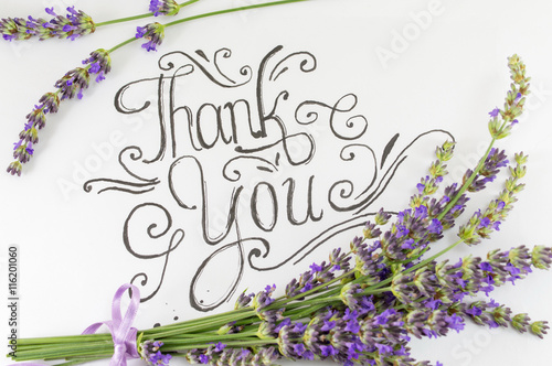 Fotografie, Obraz Thank you card with lavender flowers on table